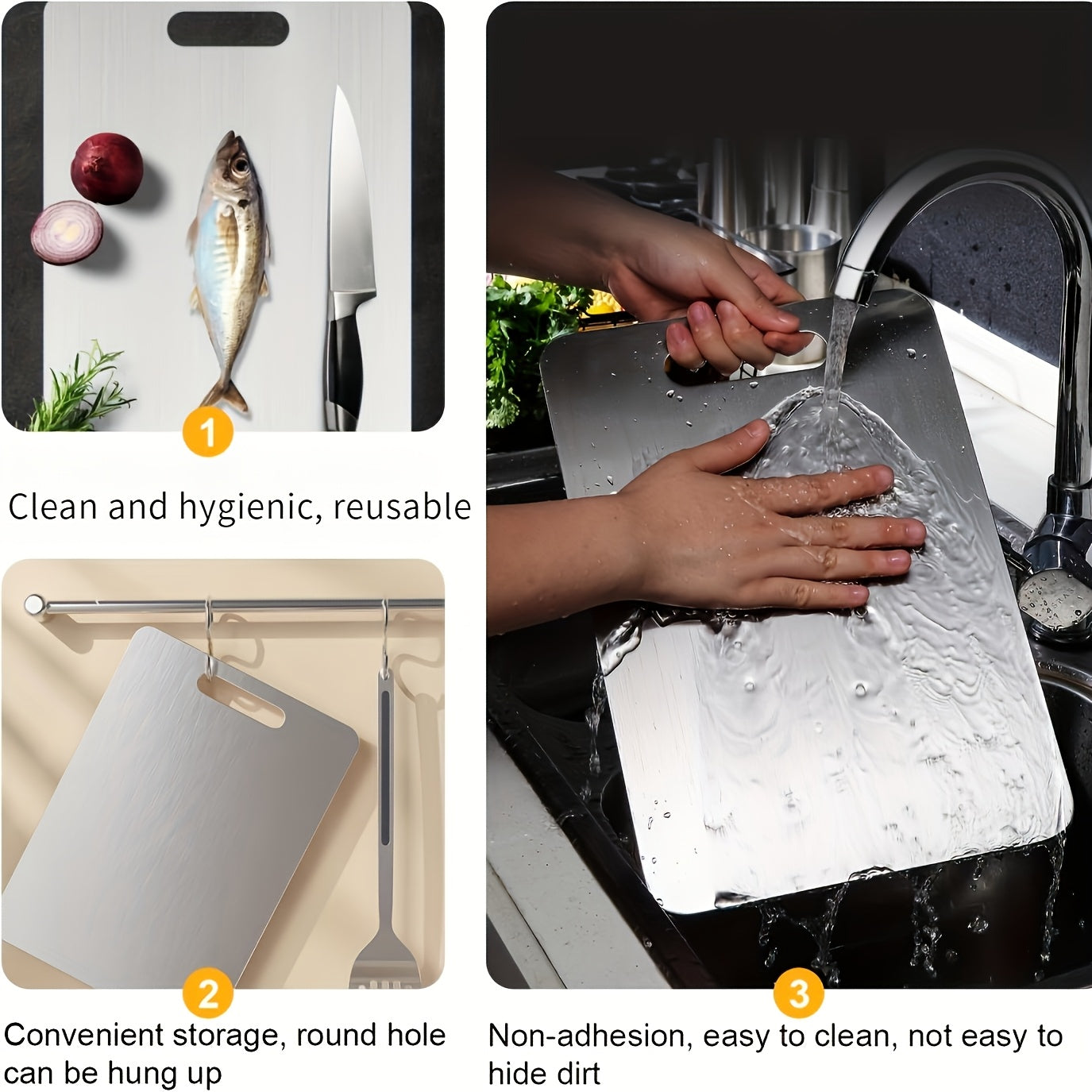 Stainless Steel Cutting Board Set of 3 Premium BPA-Free Rust-Resistant Easy to Clean Space-Saving Kitchen Chopping Boards for Meat Vegetables Fruit Food Prep