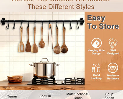 Wooden Kitchen Utensils Set 3/5/7 Piece, Natural Wood Spoons Spatulas Spurtle Ladle & Wok Spatula with Ergonomic Handles, Heat-Resistant Non-Stick Safe Heavy-Duty Cooking Tools for Home Kitchen