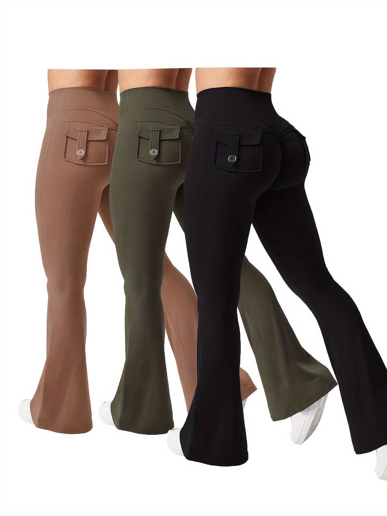 Women's 3-Piece High Waist Flare Yoga Pants Set with Belt and Pockets, Scrunch Butt Lifting Squat Proof 90% Polyester Stretchy Flared Leggings for Workout Gym Running Casual Wear