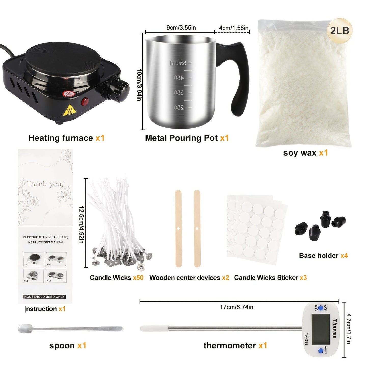 Soy Wax Candle Making Kit for Beginners – Complete DIY Set with Electric Heating Furnace, 2LB Soy Wax, 50 Wicks, Stainless Steel Pouring Pot, Digital Thermometer, Wick Holders & Spoon, Perfect Craft Gift