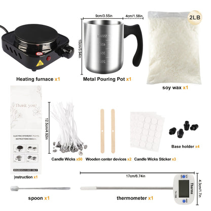 Soy Wax Candle Making Kit for Beginners – Complete DIY Set with Electric Heating Furnace, 2LB Soy Wax, 50 Wicks, Stainless Steel Pouring Pot, Digital Thermometer, Wick Holders & Spoon, Perfect Craft Gift