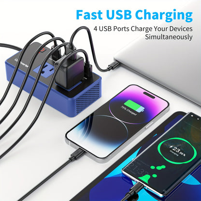 200W Car Power Inverter DC 12V to AC 110V with 24W USB-C & USB-A 4.8A Ports – Vehicle Outlet Adapter for Laptop, Camping, Travel & Road Trip Power Converter