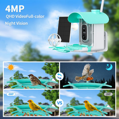 AI Smart Bird Feeder with Camera Solar Powered – 4MP 2K HD, Bird Species Identification, Motion Detection, Squirrel-Proof, IP66 Weatherproof, App Remote Monitoring, Gift for Bird Lovers