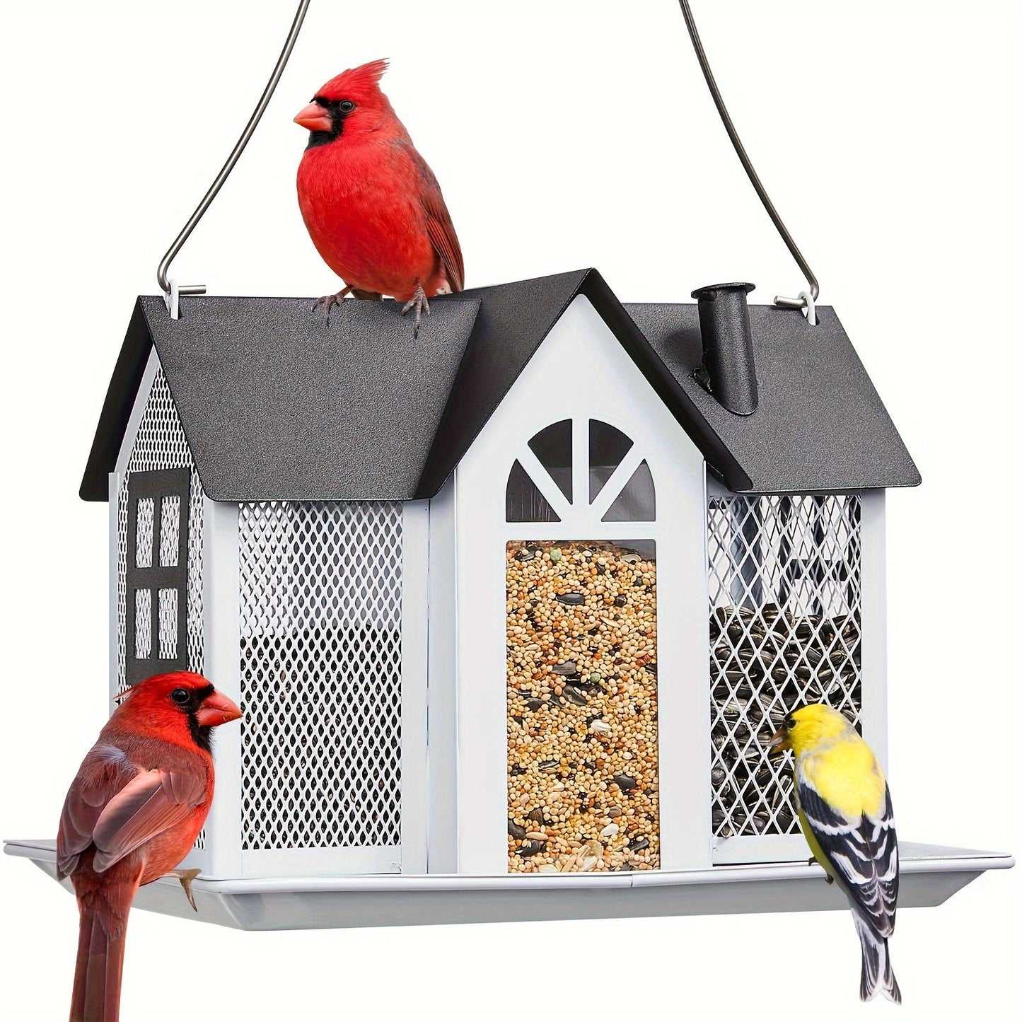 Wild Bird Feeder House for Outside with Triple Feeding Stations – Metal Mesh Weatherproof Bird Feeder for Finch, Cardinal & Chickadee, Large Capacity Outdoor Hanging Bird Feeder, Gift for Bird Lovers