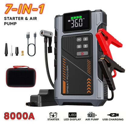 8000A Portable Jump Starter with Air Compressor – 12V Battery Booster for 8.0L Gas & 6.5L Diesel, USB Ports, LED Flashlight, Jump Box for Cars, Trucks & SUVs