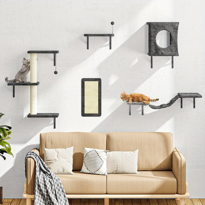 Cat Wall Shelves 5-Piece Set - Wall-Mounted Floating Cat Perch, Climber & Bridge, Modern Cat Furniture for Indoor Cats, Cat Tree Alternative with Cat Bed Platform, Space-Saving Cat House