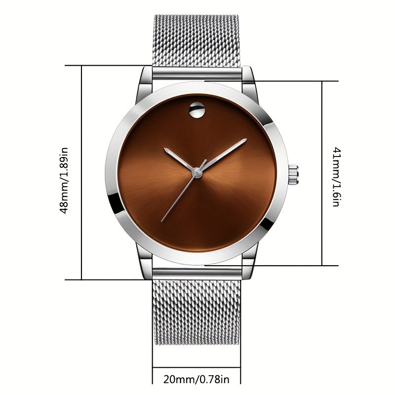 Men's Minimalist Stainless Steel Band Quartz Watch Slim Round Dial Casual Fashion Everyday Wear Gift for Him Silver Brown