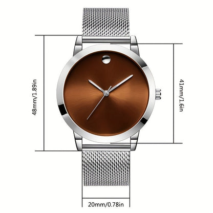 Men's Minimalist Stainless Steel Band Quartz Watch Slim Round Dial Casual Fashion Everyday Wear Gift for Him Silver Brown