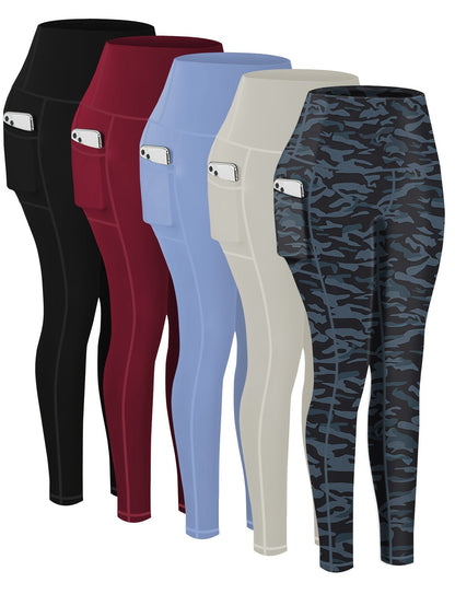 5-Piece Women's Printed Compression Yoga Pants – 7/8 Nine-Point Fitness Running Leggings with Leopard Camo & Solid Patterns, High-Waist Athletic Tracksuit Bottoms for Gym Workout, S-XXL