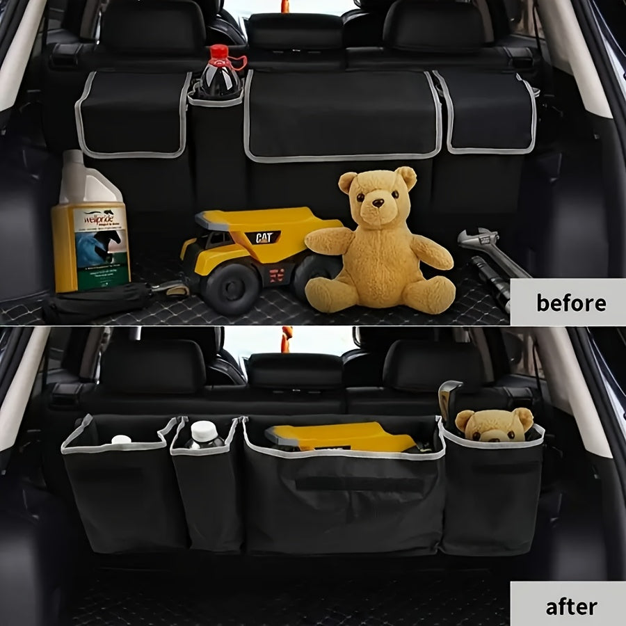 Car Trunk Organizer Rear Seat Hanging Storage Bag with 4 Pockets Foldable Cargo Bag for SUV Truck MPV Van – Black Multi-Pocket Car Interior Storage Organizer for Travel & Daily Use