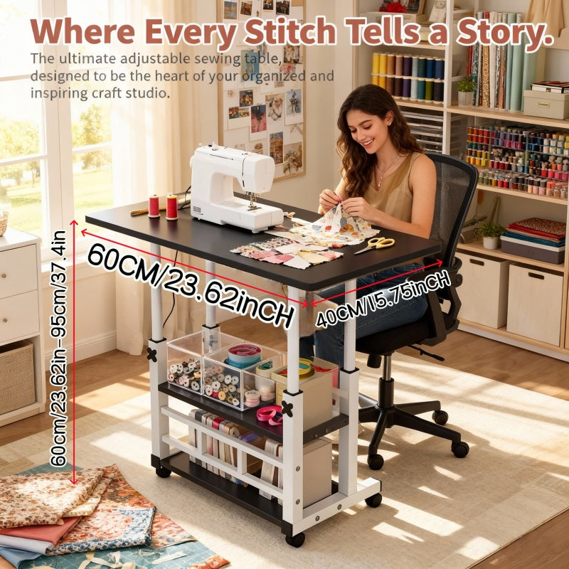 Mobile Craft Table with Adjustable Height & 4 Silent 360° Wheels - Rolling Storage Organizer with Double Shelves for Sewing, Knitting & Crafts, Bedroom & Living Room Use, Available in Black & White