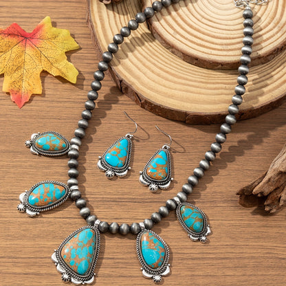 Vintage Boho Turquoise & Orange Beadwork Earrings Necklace Set Women Ethnic Zinc Alloy Jewelry for Everyday Holiday & Gift