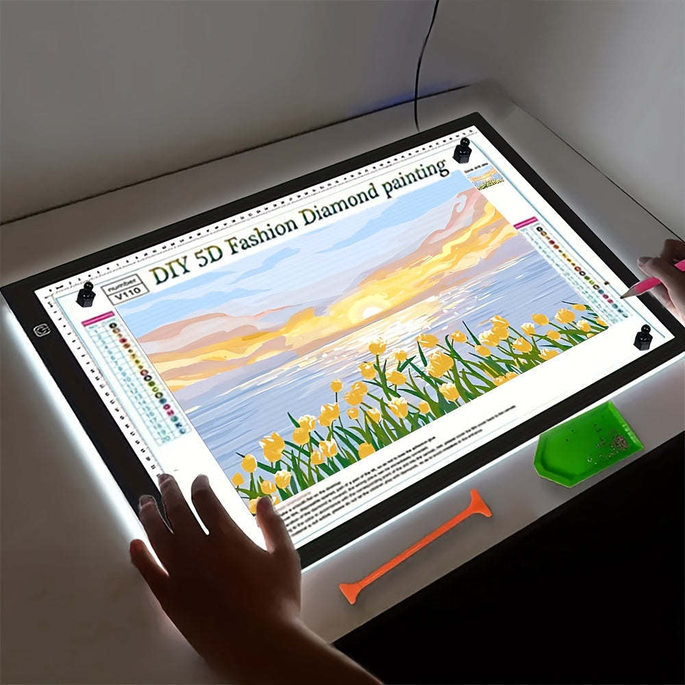 LED Tracing Light Pad Board A2 A3 A4, Dual Light Bar Ultra-Thin Copy Table with 3-Speed Dimming & Eye-Caring No-Grid Surface for Diamond Painting, Sketching & Drawing