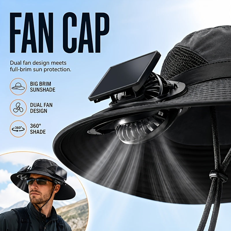 Solar Powered Cooling Fan Wide Brim Sun Hat – 2 Built-In Solar Fans, Adjustable Wind Speed, Breathable Mesh, UV Protection Outdoor Hat with Chin Strap for Fishing, Camping & Travel