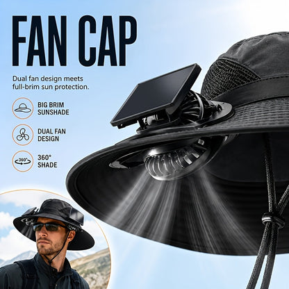 Solar Powered Cooling Fan Wide Brim Sun Hat – 2 Built-In Solar Fans, Adjustable Wind Speed, Breathable Mesh, UV Protection Outdoor Hat with Chin Strap for Fishing, Camping & Travel