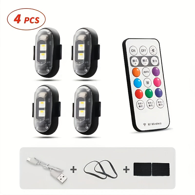 Wireless LED Strip Lights 8-Color Anti-Collision Warning Light with Remote Control – USB Rechargeable Waterproof LED Strips for Car Motorcycle Drone Bike, 4-Pack & 6-Pack
