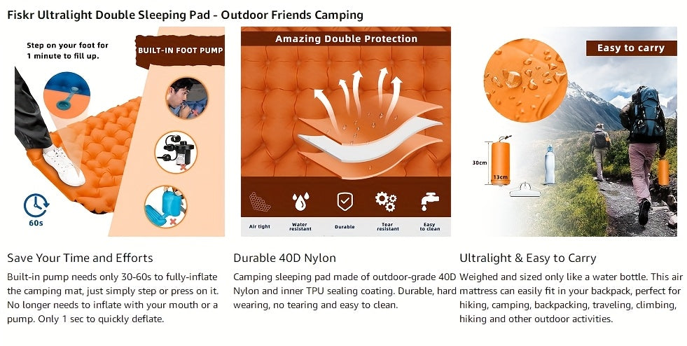 Self-Inflating Sleeping Pad Ultralight Nylon TPU Camping Mat, Built-In Pump Single & Double Person Options, Compact Portable Sleeping Mat for Camping Hiking Backpacking Travel Picnic, Orange & Blue