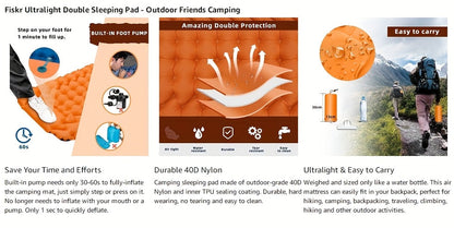 Self-Inflating Sleeping Pad Ultralight Nylon TPU Camping Mat, Built-In Pump Single & Double Person Options, Compact Portable Sleeping Mat for Camping Hiking Backpacking Travel Picnic, Orange & Blue