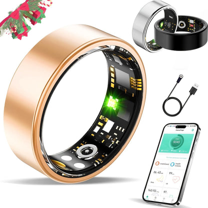 Smart Ring Sleep Tracker Heart Rate Monitor Fitness Wearable, Titanium Alloy Body Bluetooth 5.3, Step Counter Pedometer Distance Tracking, Magnetic Charging, Compatible with iPhone & Android – Black Rose Gold Silver