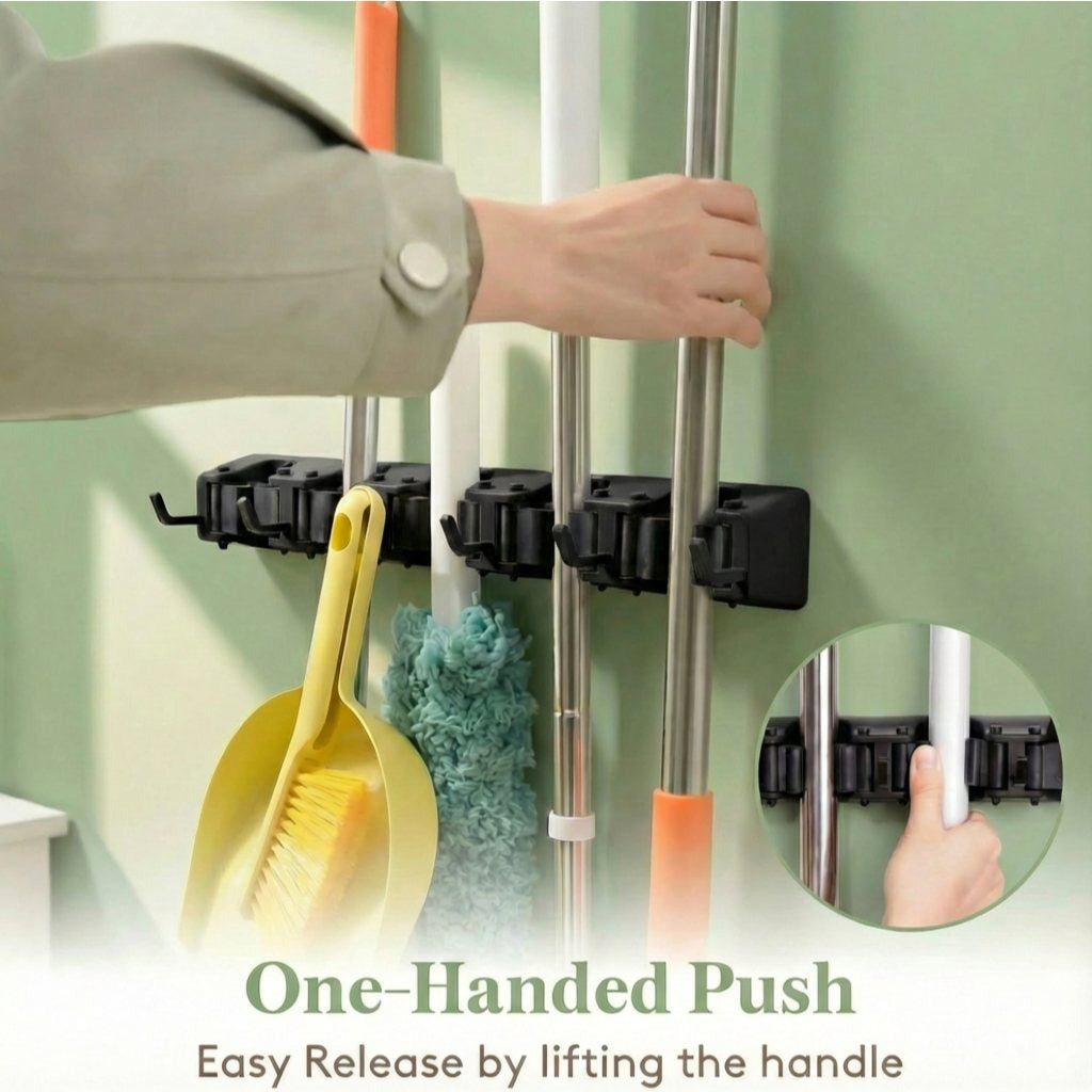 Wall-Mounted Mop and Broom Holder Organizer 5 Slots 6 Hooks Heavy-Duty Non-Slip Cleaning Tool Rack for Home Garage Kitchen Laundry Room Boat – Easy Install on Any Surface