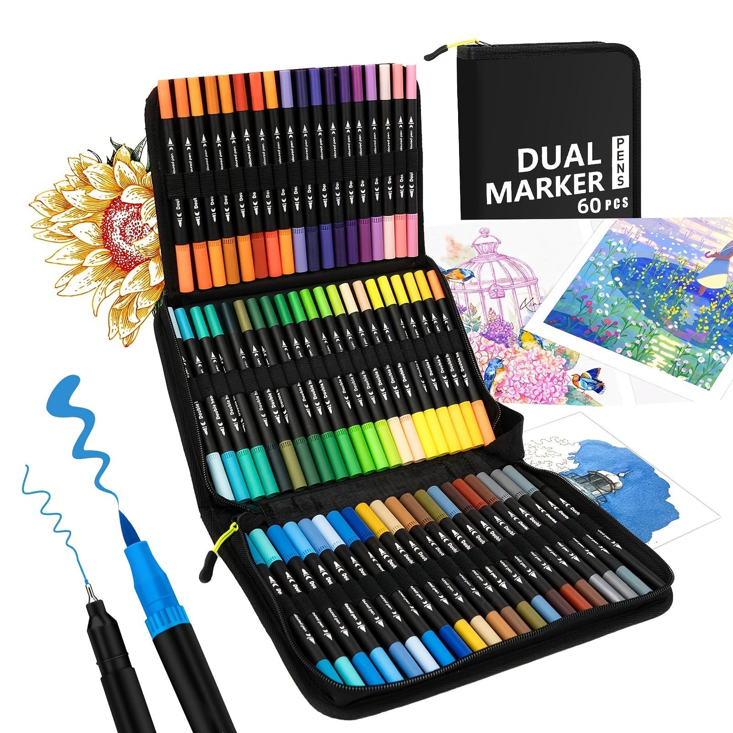 Dual Tip Alcohol Markers Set with Carrying Case 32 to 172 Colors – Professional Artist Markers for Drawing Sketching Card Making Illustration and Adult Coloring with Custom Packaging Bag Option