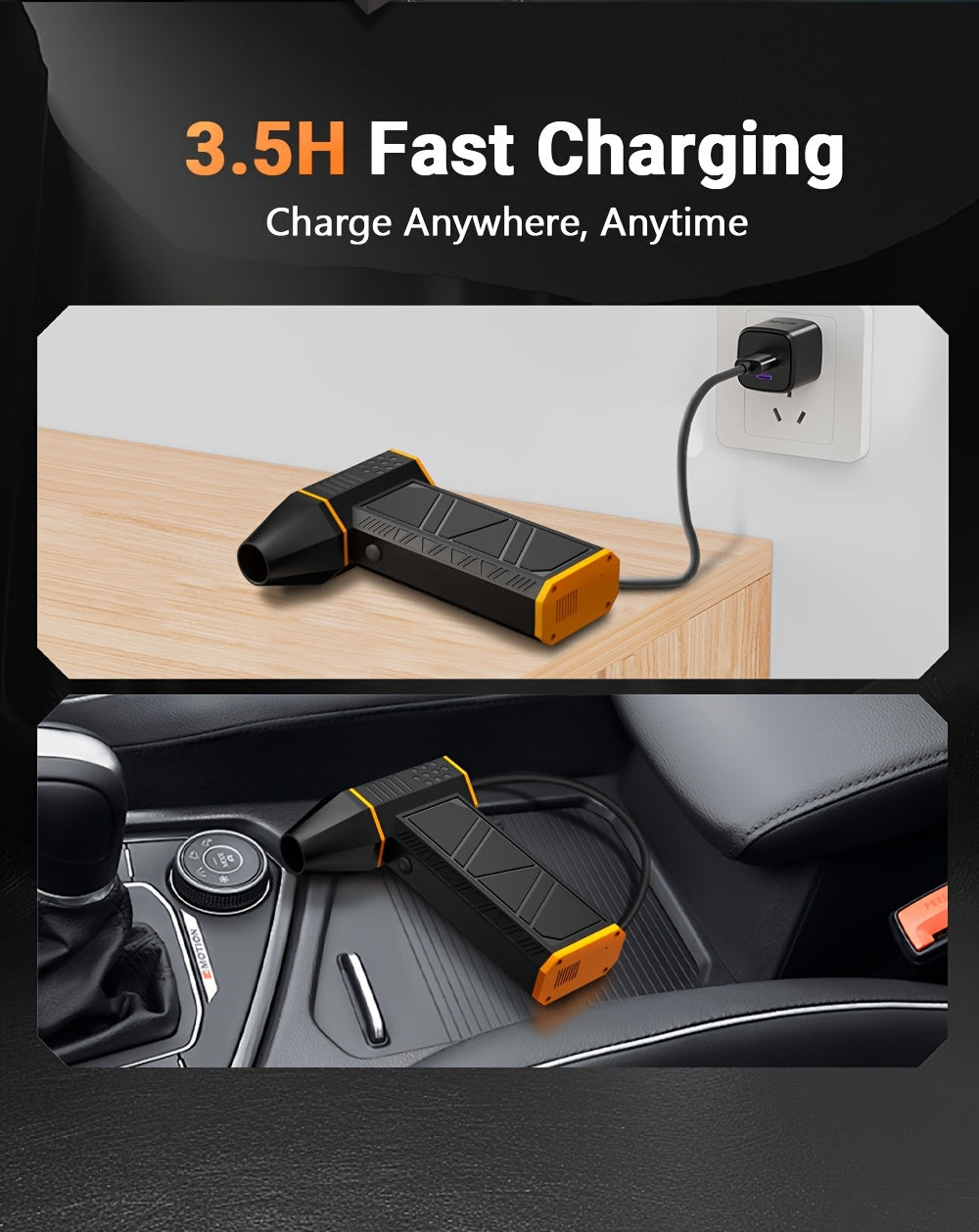 Electric Air Duster 130,000 RPM Cordless Rechargeable | 3-Speed Turbine Fan Air Blower for Keyboard, Computer, Car Interior & Home – Replaces Compressed Air Cans – Black & Orange
