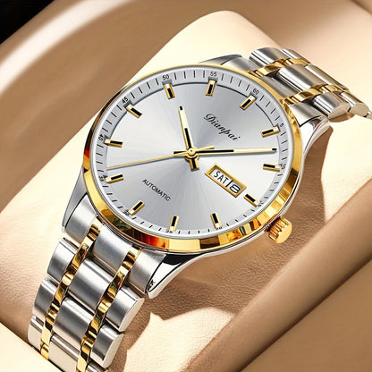 Men's Automatic Self-Winding Mechanical Watch – Slim Stainless Steel Band, Luminous Hands, Calendar Display, No Battery Needed – Luxury Business Dress Watch Gift