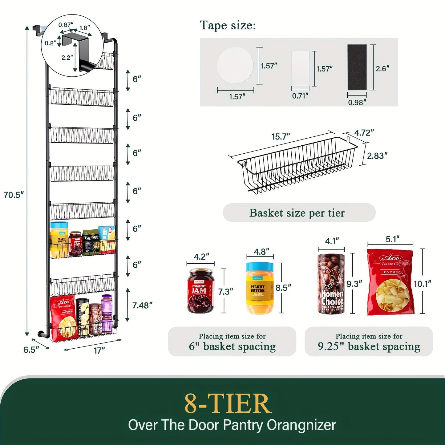 Over the Door Pantry Organizer 6 or 8 Shelf - Heavy-Duty Metal Hanging Storage Rack for Kitchen, Bathroom & Laundry Room, Space-Saving Spice & Food Organizer, Black or White