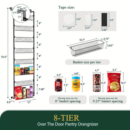 Over the Door Pantry Organizer 6 or 8 Shelf - Heavy-Duty Metal Hanging Storage Rack for Kitchen, Bathroom & Laundry Room, Space-Saving Spice & Food Organizer, Black or White