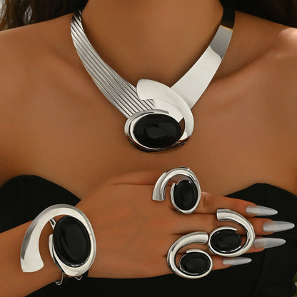 Women's Jewelry Set 5 Pieces - Elegant Acrylic Geometric Comma Pendant Necklace Earrings Rings & Bracelet Matching Set, Durable Fashion Jewelry for Parties Weddings & Special Occasions