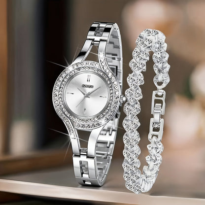 Women's Retro Quartz Watch Set 2pcs – Elegant Heart Chain Stainless Steel Rectangular Dial Analog Wristwatch, Court Style Luxury Timepiece Gift for Wedding, Easter, Birthday & Casual Wear