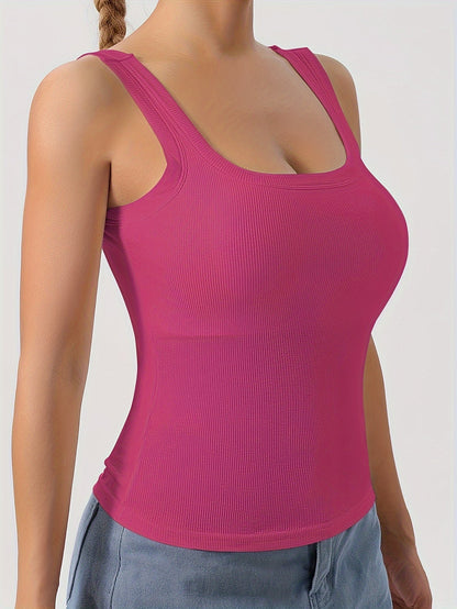 Women's Scoop Neck Tank Top Removable Chest Padding Slim Fit Casual Summer Sleeveless Top 8 Colors XS-XL Built-In Bra