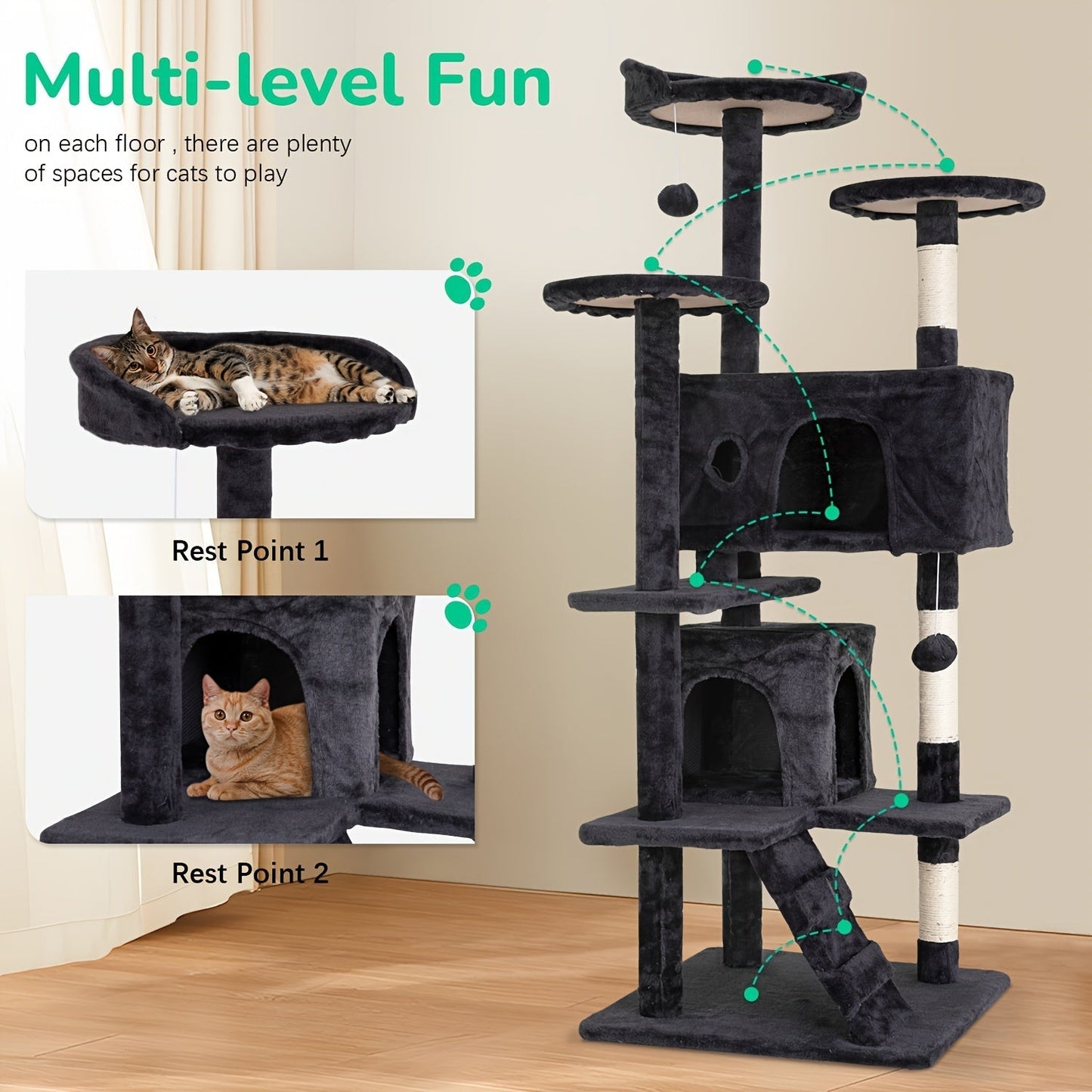 Multi-Level Cat Tree Tower with Scratching Post – Indoor Kitten Activity Center Playhouse, Easy to Assemble, Available in 22"/54"/60"/70" Heights & 7 Colors, Perfect Cat Gift