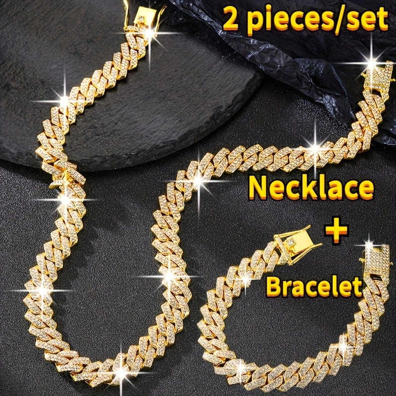 Cuban Link Chain Jewelry Set for Men 2pcs – Hip Hop Miami Bling Necklace and Bracelet Set, Luxury Fashion Streetwear Accessories, Perfect Birthday Anniversary Gift for Him