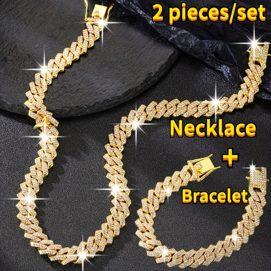 Cuban Link Chain Jewelry Set for Men 2pcs – Hip Hop Miami Bling Necklace and Bracelet Set, Luxury Fashion Streetwear Accessories, Perfect Birthday Anniversary Gift for Him