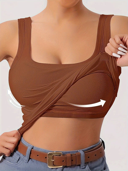 Women's Scoop Neck Tank Top Removable Chest Padding Slim Fit Casual Summer Sleeveless Top 8 Colors XS-XL Built-In Bra