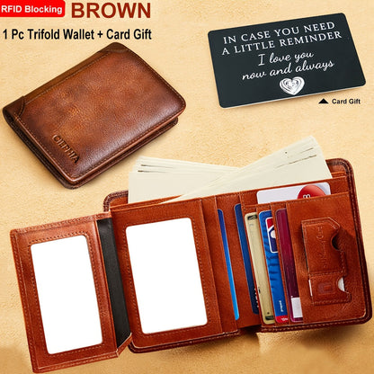 RFID Blocking Genuine Leather Wallet for Men Trifold Cowhide Vintage Credit Card Holder 2 ID Windows Money Clip Cash Slots Father's Day Gift for Dad Husband