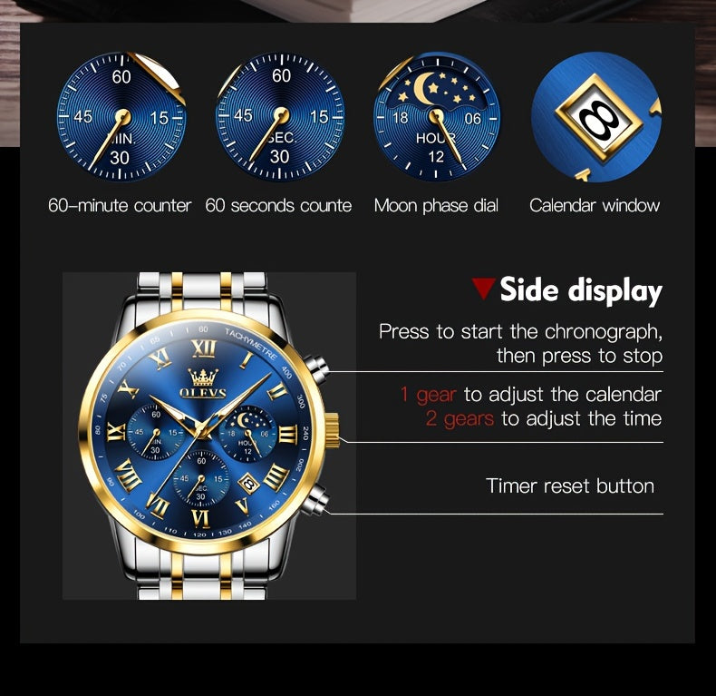 OLEVS Men's Luxury Stainless Steel Watch – Chronograph, Roman Numerals, Moon Phase Display, Luminous Analog Quartz Dress Watch for Men, 8 Color Options, Perfect Business & Gift Watch