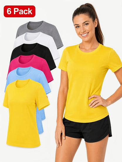 Women's 6-Pack Performance T-Shirts Breathable Moisture-Wicking Skin-Friendly Workout Tees for Outdoor Sports Gym Everyday Comfort – Mixed Colors XS-XXL
