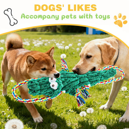 Crocodile Squeaky Dog Chew Toy with Built-In Squeaker – Durable Cotton Rope & Canvas Tug Toy for Small Medium Large Dogs, Teeth Cleaning, Interactive Tug-of-War, Aggressive Chewer Safe