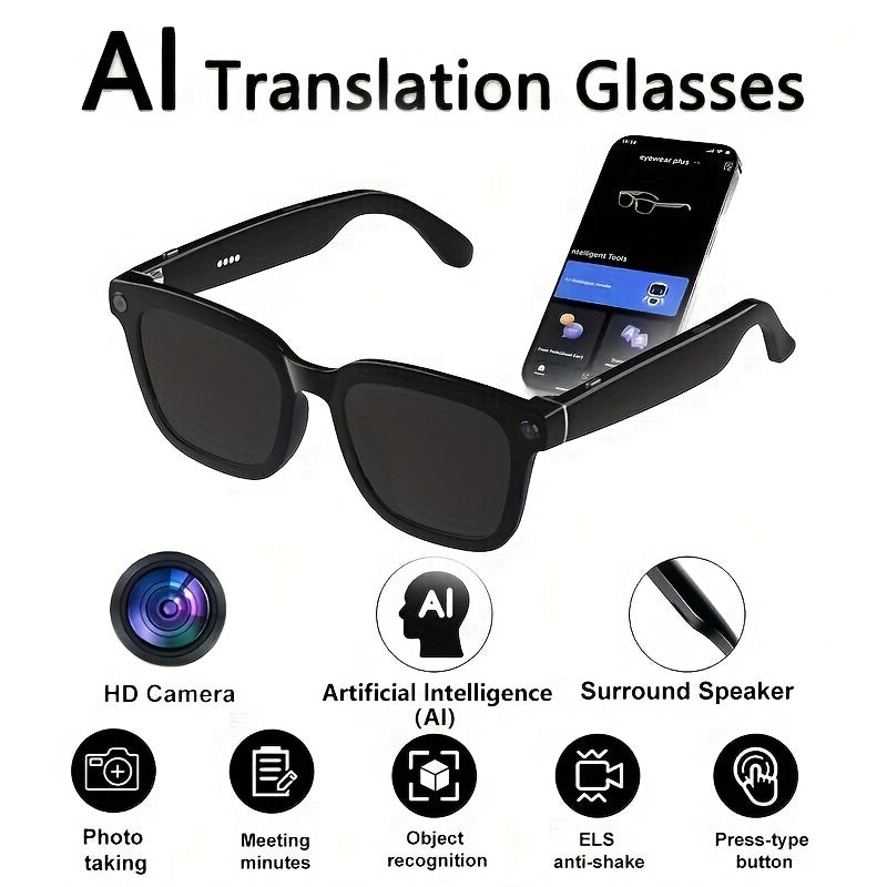 4K AI Smart Glasses with Camera – Real-Time Translation, Object Recognition, Open-Ear Audio, Touch Control, 8-Hour Battery, USB-C Charging, Ultra-Light for Outdoor, Work & Travel
