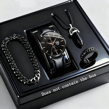 4-Piece Men's Quartz Watch and Bracelet Gift Set - Elegant Alloy Case Round Dial Sports Casual & Business Wristwatches with Matching Bracelet for Everyday Wear, Birthdays & Anniversaries