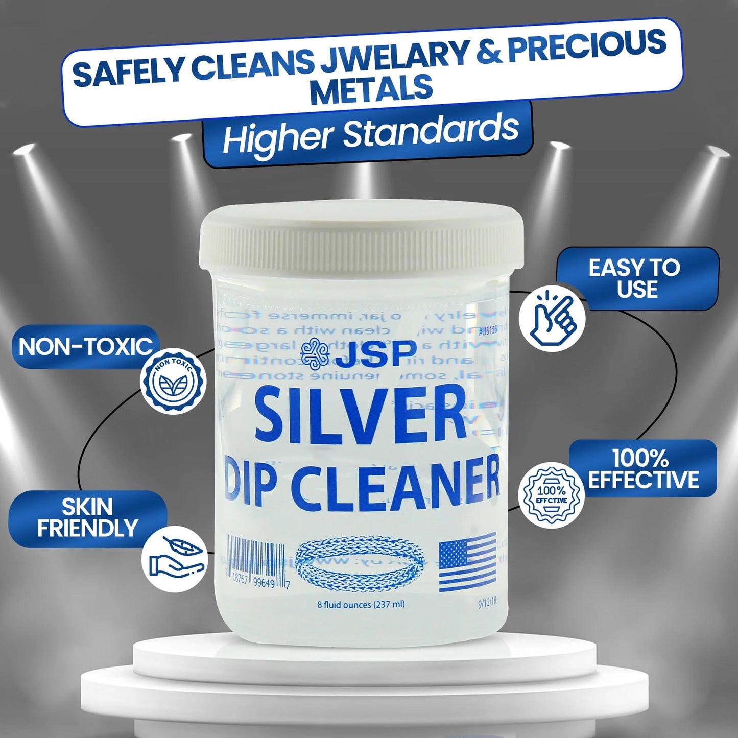 JSP Sterling Silver Dip Cleaner & Tarnish Remover 8oz – 925 & 999 Silver Jewelry Cleaning Solution with Dipping Basket & Microfiber Cloth, Restores Shine to Silver, Gold & Precious Metals