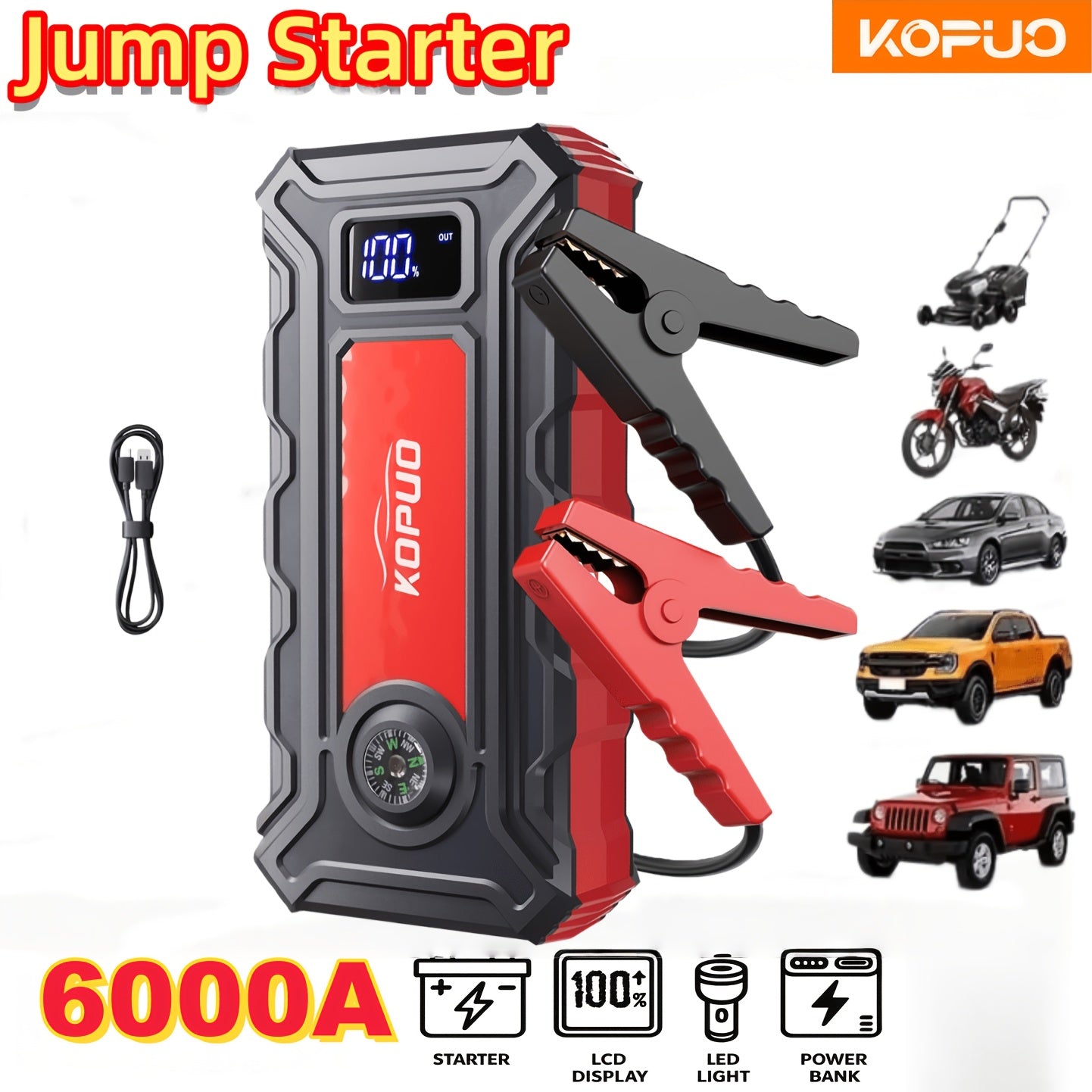 5000A/6000A Portable Car Jump Starter – 12V Battery Booster Pack for Gas & Diesel Vehicles, 65W Fast Charge Power Bank, LED Flashlight & LCD Display, Compact Emergency Jump Box