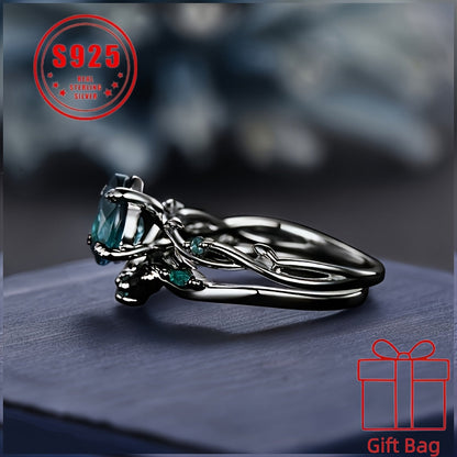 925 Sterling Silver Gothic Black Ring with Synthetic Jadeite Grape Pear Design for Women – Elegant Birthstone Holiday Ring with Gift Bag, Sizes 6-10, Unique Christmas Party Jewelry Gift
