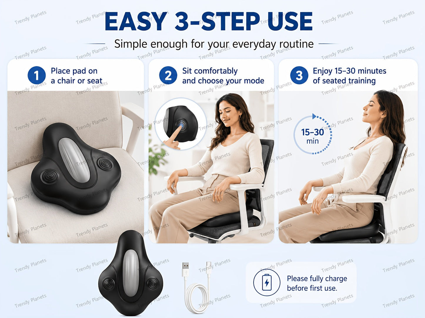 Electric Pelvic Floor Trainer – Cordless Kegel Cushion Device with 6 Vibration Modes for Pelvic Floor Exercises & Muscle Relaxation, Quiet Rechargeable Fitness Equipment for Men & Women at Home
