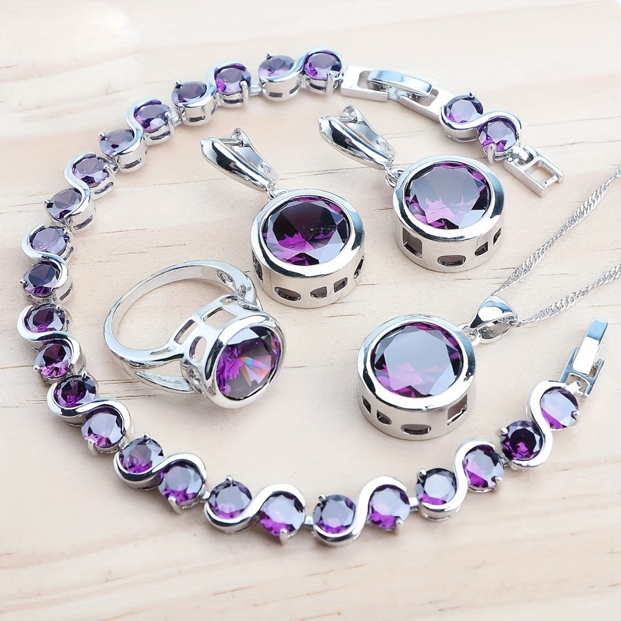 5Pcs Vintage Rainbow Cubic Zirconia Jewelry Set for Women – Silver Plated Ring, Earrings, Pendant & Necklace, Dazzling CZ Bridal Jewelry Gift for Weddings, Anniversaries, Birthdays & Engagements
