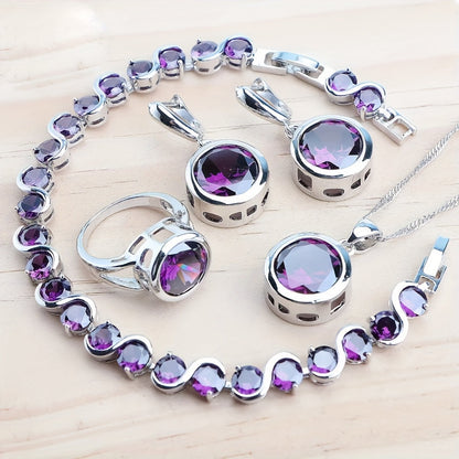 5Pcs Vintage Rainbow Cubic Zirconia Jewelry Set for Women – Silver Plated Ring, Earrings, Pendant & Necklace, Dazzling CZ Bridal Jewelry Gift for Weddings, Anniversaries, Birthdays & Engagements