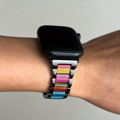 Apple Watch Band Women 42 44 45 46 49mm Stainless Steel Resin Starlight Rainbow Replacement Strap for iWatch Series 3-11 SE Ultra 1 2 3 – Work Office Fitness Party