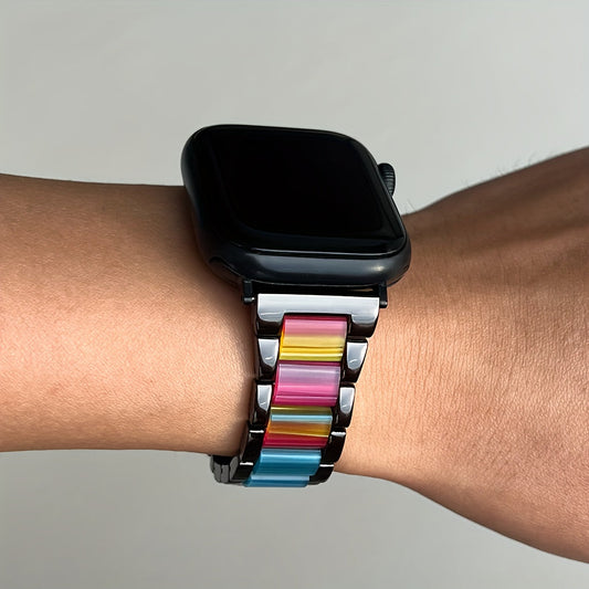 Apple Watch Band Women 42 44 45 46 49mm Stainless Steel Resin Starlight Rainbow Replacement Strap for iWatch Series 3-11 SE Ultra 1 2 3 – Work Office Fitness Party